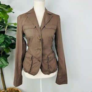 Theory Garrison Linen Blend Coco Chocolate Brown Button Military Style jacket
